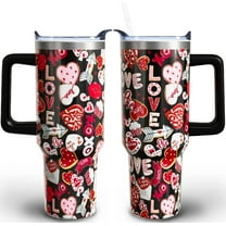 40 oz Valentines Day Tumblers with Handle and Straw, Heart 40oz Stainless Steel Vacuum Insulated Travel Coffee Mug Cup Water Bottle, Valentines Day Stuff Accessories Gifts for Women