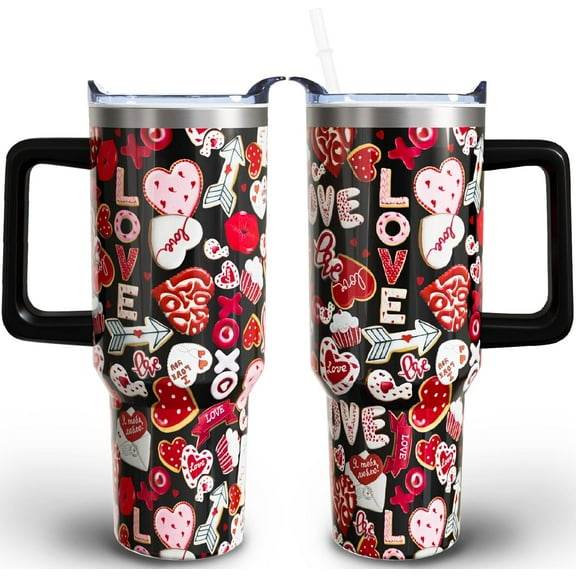 40 oz Valentines Day Tumblers with Handle and Straw, Heart 40oz Stainless Steel Vacuum Insulated Travel Coffee Mug Cup Water Bottle, Valentines Day Stuff Accessories Gifts for Women