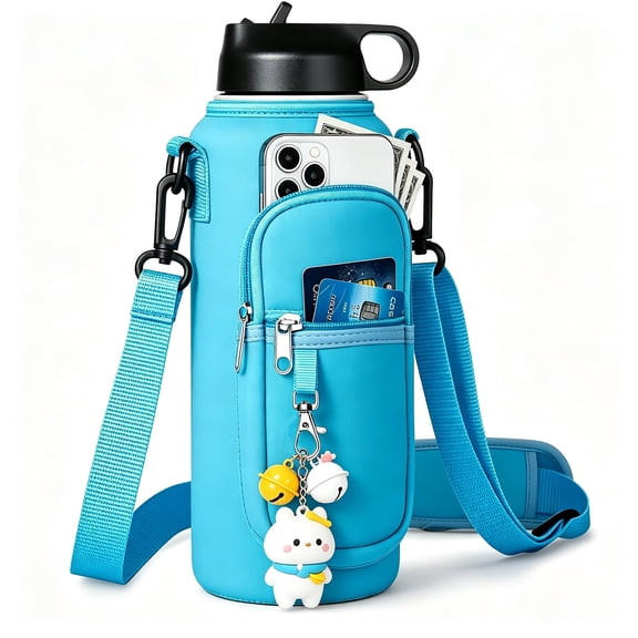 40 oz Water Bottle Holder with Strap and Storage Pocket, Protective Neoprene Bottle Sling Bag for Hiking, Camping, and Travel, Fits Most Large Insulated Water Bottles Blue