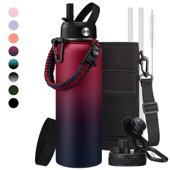 40 oz Water Bottles with Straw Spout Lid, Keep Cold 48h & Hot 24h, Stainless Steel Metal Flask, Leak Proof Insulated Water Bottle with Paracord Handle