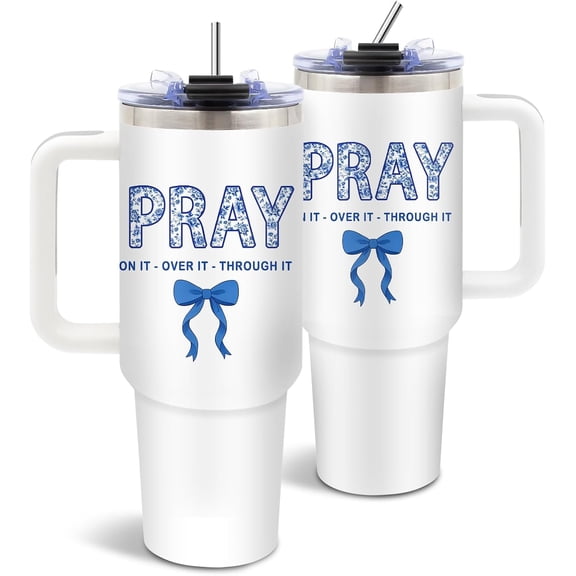 40 oz White Christian Tumbler with Handle and Straw, Religious Blue Bow Gifts for Women Girls, Stainless Steel Insulated Coffee Travel for Church Ladies Gifts, Christian Thanksgiving Birthday Gift