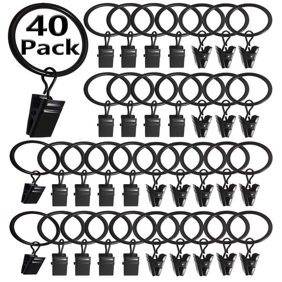 YMWVH 40-Pack 1.5" Curtain Rings with Clips - Heavy-Duty Pull Rod Hooks for 1.3" & Below Rods, Black