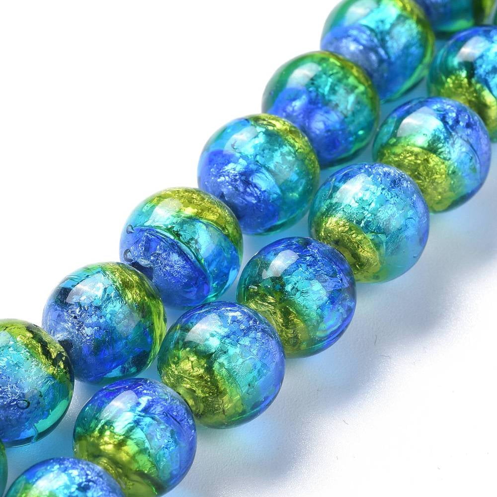 40 pc Handmade Silver Foil Lampwork Beads Luminous Glow in the Dark Round Blue 10mm Hole: 1.4mm