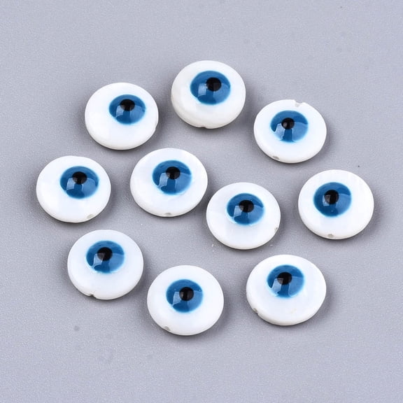 40 pc Natural Freshwater Shell Beads with Enamel Flat Round with Evil Eye Dodger Blue 10.5x4~5mm Hole: 0.8mm