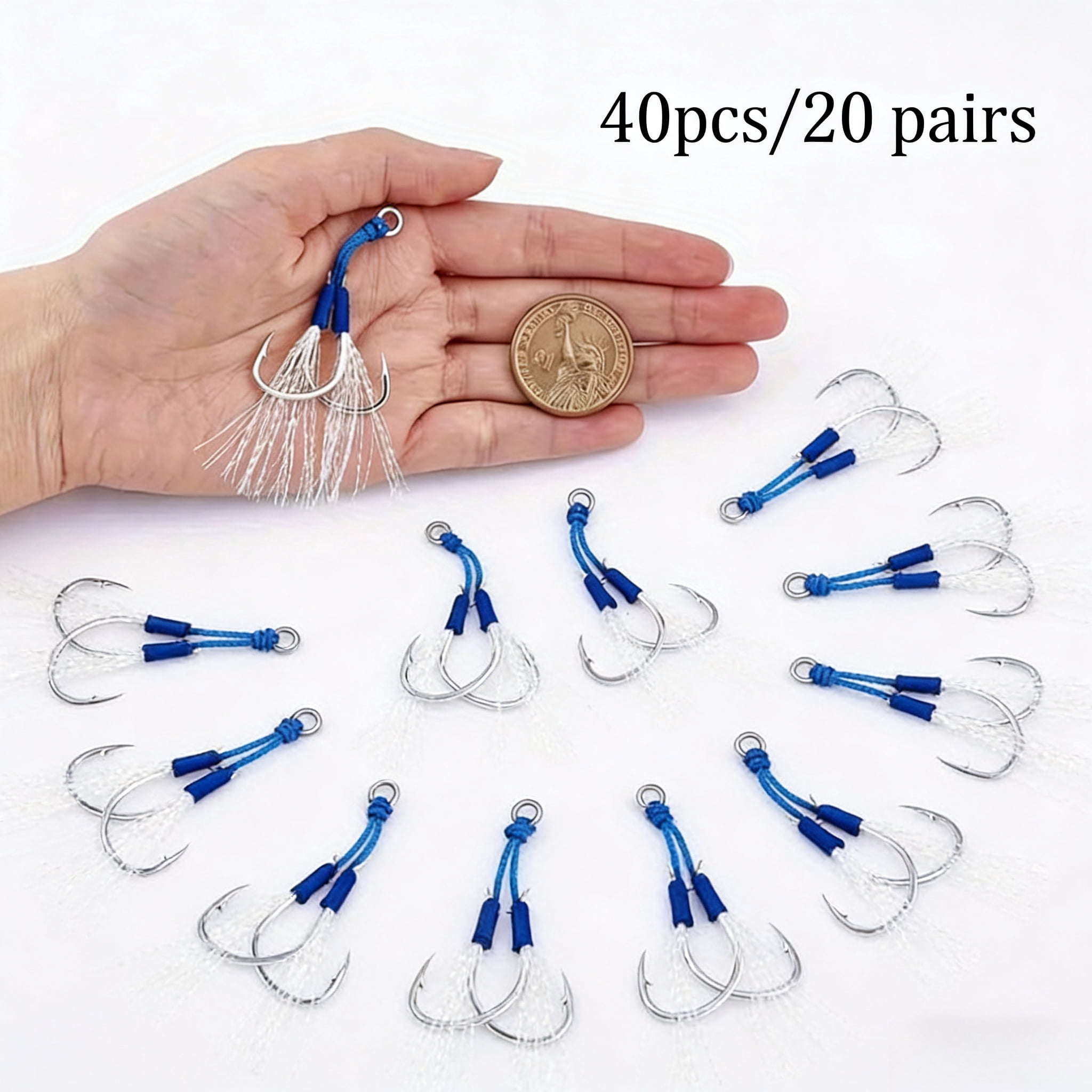 40 pcs/20 pairs of tied hair hooks for boat fishing, trolling, sea fishing, and lure hooks, blood channel iron plate double hooks. Tackle Box, for freshwater and saltwater,14#, 15#, 16#, 18#, 20#
