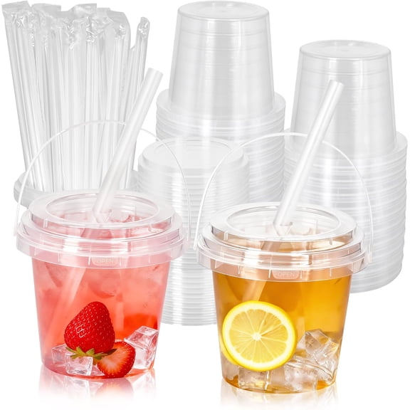 40 set 24 oz clear plastic drink buckets with lids and straws, single use ice coffee and cocktail cups with handles, bulk rum barrel for beach, swimming pool and party supplies
