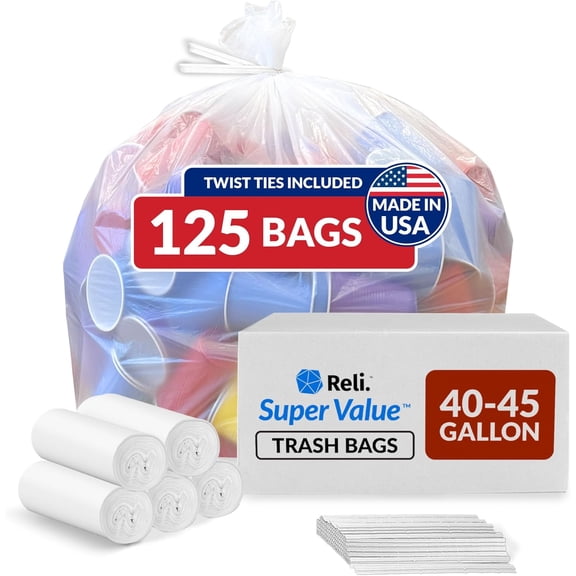 40 to 45 Gallon Trash Bags Heavy Duty | 125 Trash Bags with Ties | Super Sizeable, Clear, Serious Garbage Cleanup