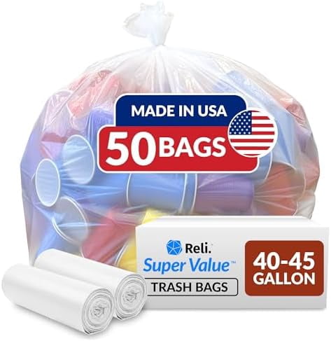40 to 45 Gallon Trash Bags Heavy Duty | 50 Trash Bags | Super Sizeable, Clear, Garbage for Serious Cleanup