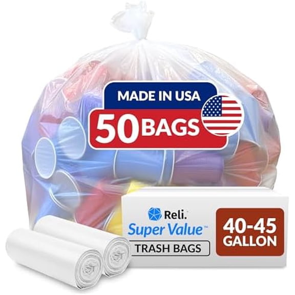 40 to 45 Gallon Trash Bags Heavy Duty | 50 Trash Bags | Super Sizeable, Clear, Garbage for Serious Cleanup