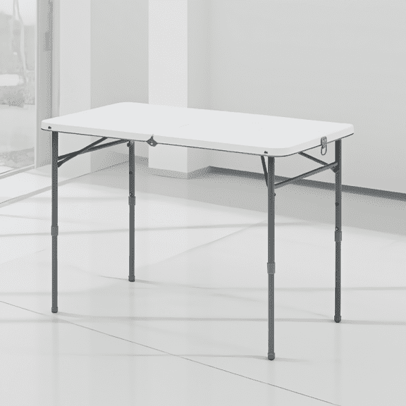 40 x 20 Inch Plastic Adjustable Height Folding Table, Half Fold with Built-In Carry Handle, White