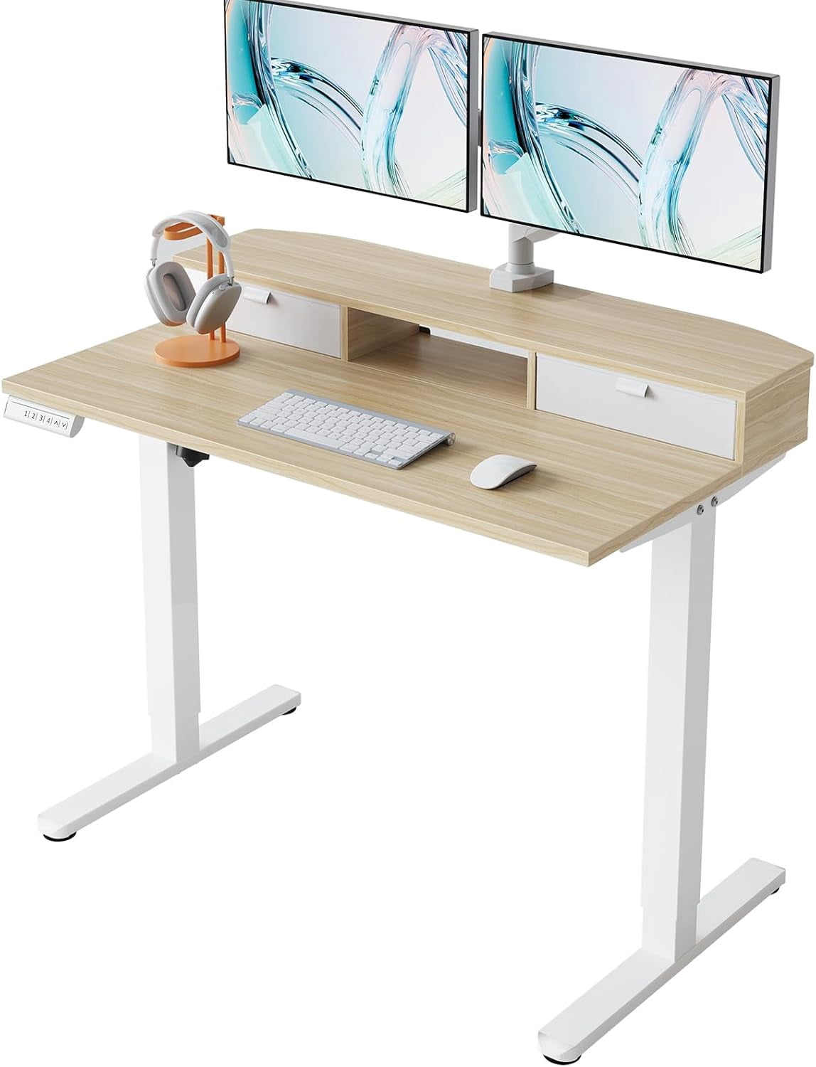 40 x 24 Inch Small Electric Standing Desk with 2 Drawers, Height Adjustable Sit Stand Desk with 4 Memory Settings, Light Walnut