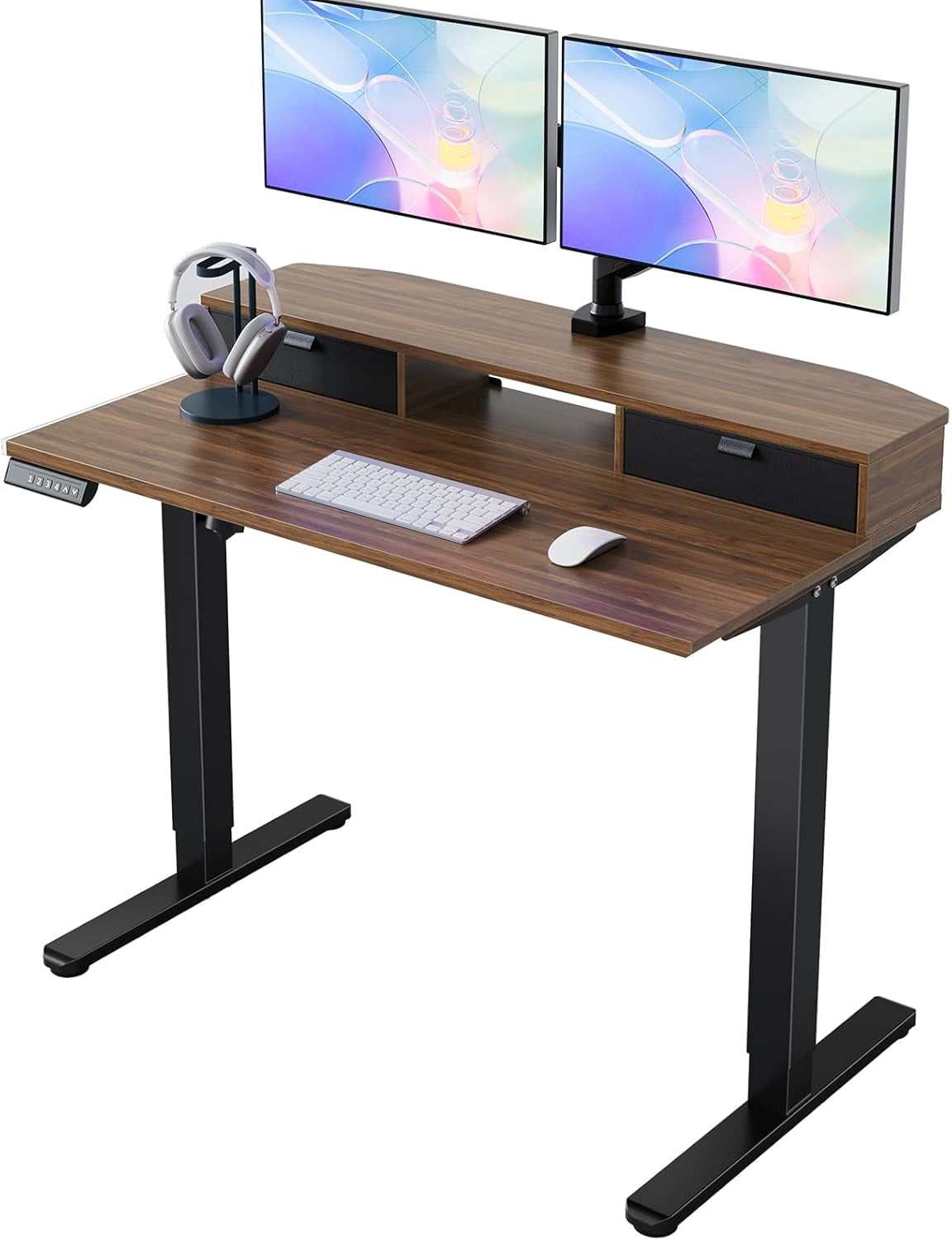 40 x 24 Inch Small Electric Standing Desk with 2 Drawers, Height Adjustable Sit Stand Desk with 4 Memory Settings, Walnut