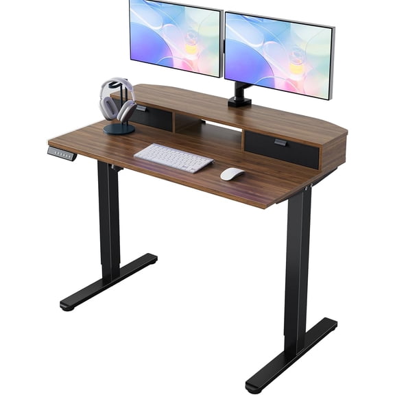 40 x 24 Inch Small Electric Standing Desk with 2 Drawers, Height Adjustable Sit Stand Desk with 4 Memory Settings, Walnut