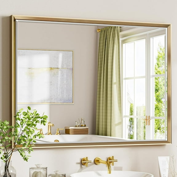 40 x 30 Gold Bathroom Mirror, Brushed Gold Beveled Bathroom Mirror, Shatterproof Large Gold Frame Rectangle Mirror, Brushed Brass Gold Framed Vanity Mirror Vertical/Horizontal Wall-Mounted