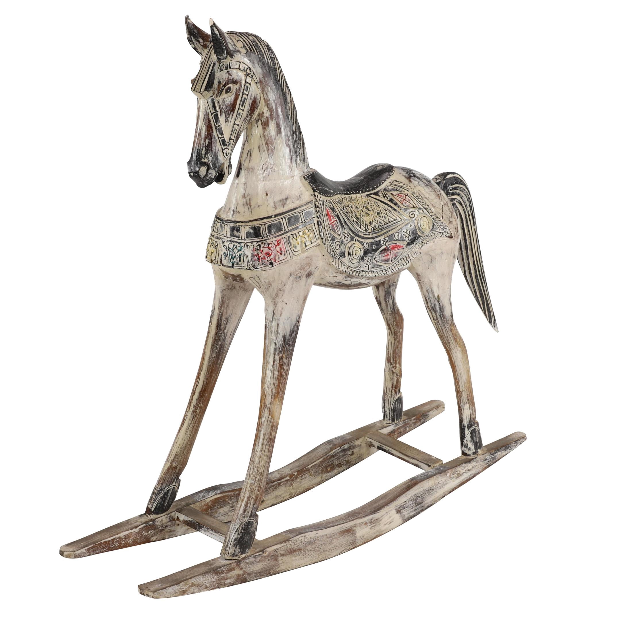 DecMode Beige Wood Horse Rocking Decorative Sculpture with Brown Distressing and Colorful Accents, 42" x 11" x 38"