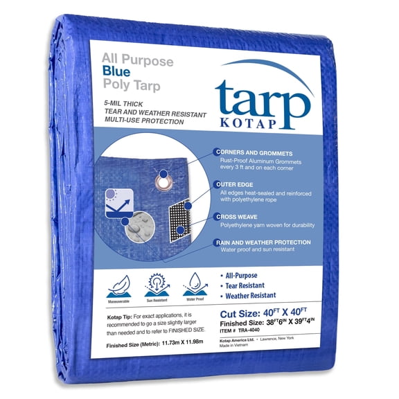 KOTAP 40 x 40 Ft. All-Purpose Protection/Coverage 5-mil Poly Tarp, Waterproof, Blue, TRA-4040
