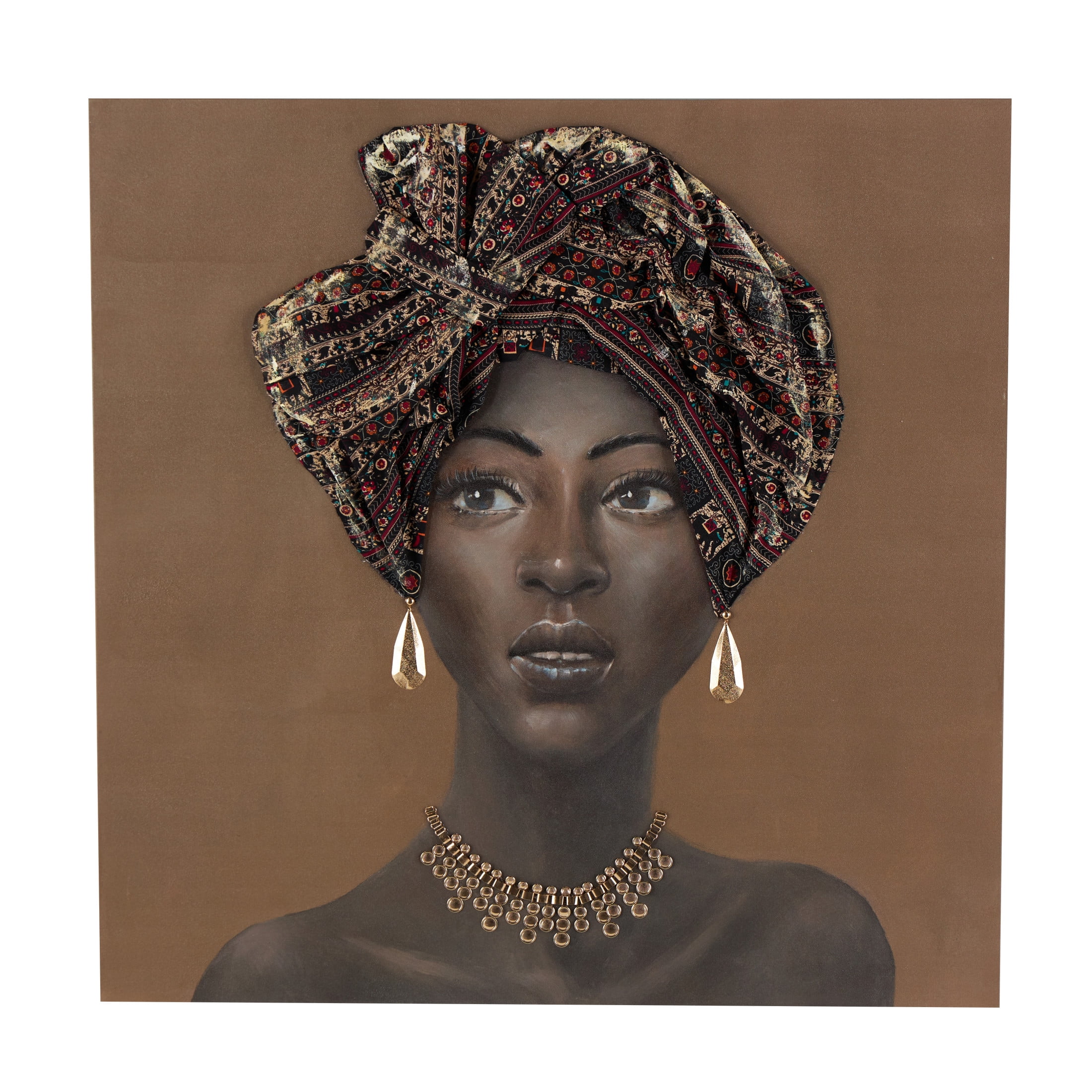 40" x 40" Unframed Woman Wall Art with 3D Fabric Headwear And Gold Jewels, by DecMode