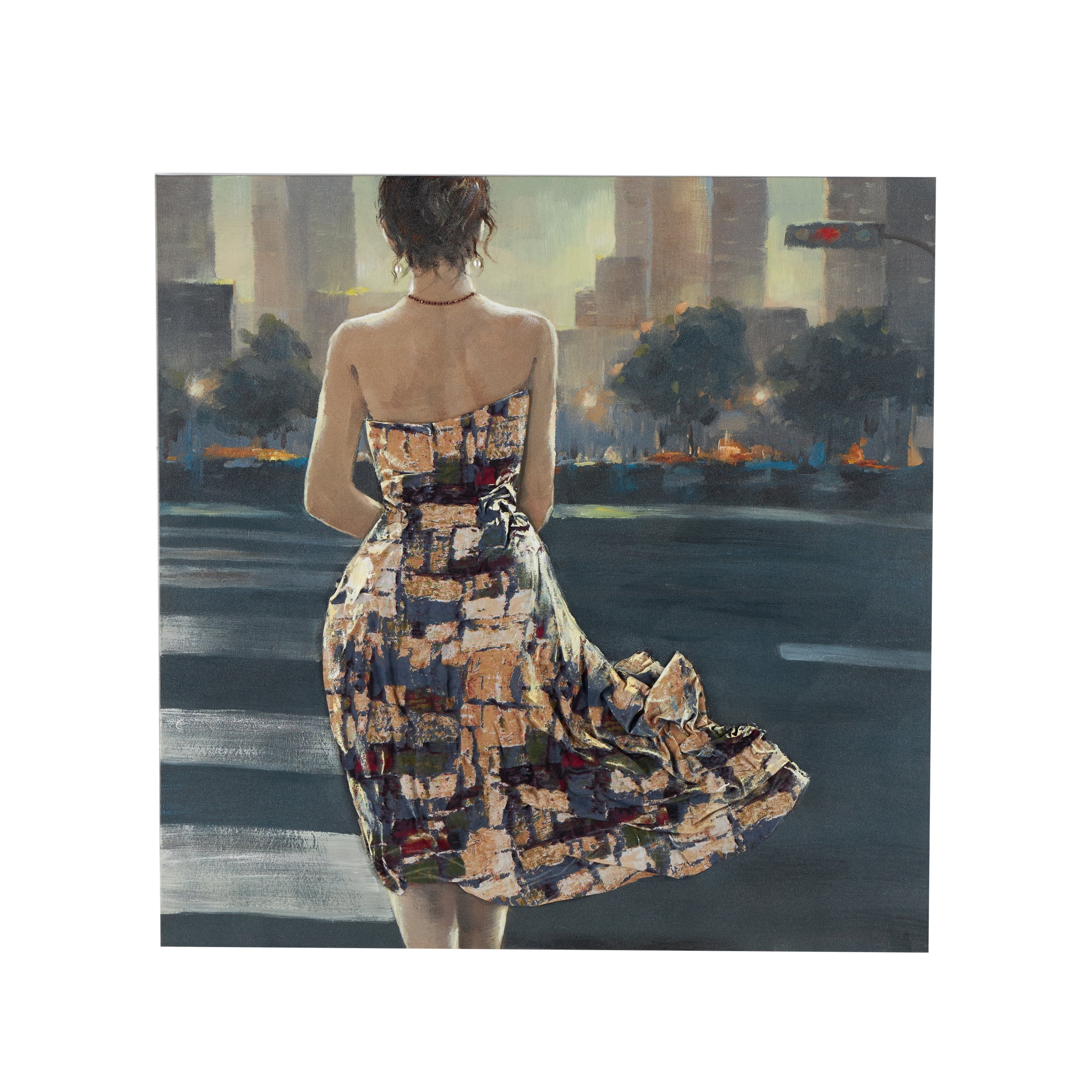 40" x 40" Unframed Woman Wall Art with 3D Multicolor Fabric Dress and Pink Necklace, by DecMode