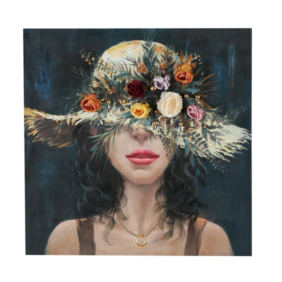 40" x 40" Unframed Woman Wall Art with 3D Multicolor Flowers and Gold Jewels, by DecMode