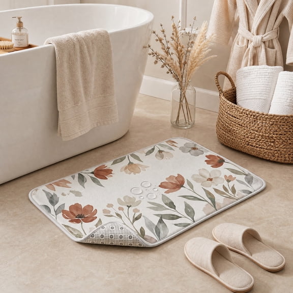 40 x 60 cm Rectangular Faux Diatomite Bath Mat, 2.5 cm Thick Soft Bathroom Floor Rug with Botanical Floral Pattern, Rounded Edges and Textured Dotted Backing for Bathtub, Shower, Sink, Vanity, Bedroo