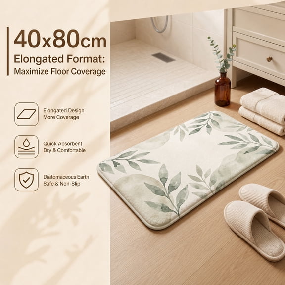 40 x 80 cm Rectangular Faux Diatomite Bathroom Floor Mat, 2.5 cm Thick Raised Bath Mat with Sage Green Botanical Leaf Pattern and Rounded Edges for Shower, Bathtub, Sink, Vanity, Bedroom and Entryway