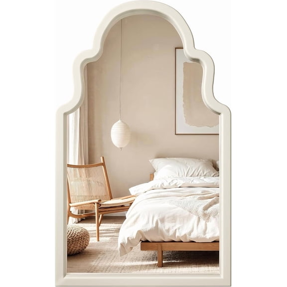 40"x24" French Country Arched Mirror, Creamy Off-White Wood Frame for Fireplace Mantel, Large Farmhouse Wall Mirror for Bathroom Vanity & Bedroom, Warm Beige Tone