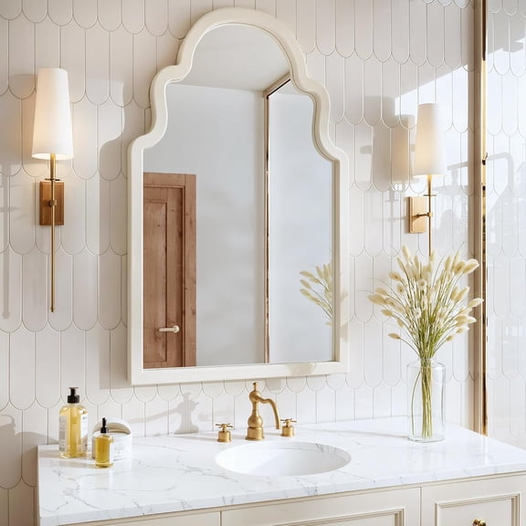 40"x24" French Country Arched Mirror, Creamy Off-White Wood Frame for Fireplace Mantel, Large Farmhouse Wall Mirror for Bathroom Vanity & Bedroom, Warm Beige Tone
