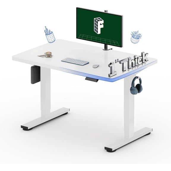 40"x24" One-Piece Electric Standing Desk, 1" Thick Seamless Desktop for Home Office, Study & Multi-Monitor Setup, White