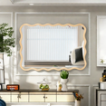 thumbnail image 1 of 40"x28" Wood Vanity Mirror Wall Decor, Modern Rectangle Mirror with Solid Wood Wave Border, Mirror Wall Decor for Living Room, Bathroom, Cloakroom, Entryway, Natural Wood, 1 of 9