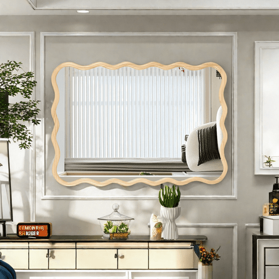 40"x28" Wood Vanity Mirror Wall Decor, Modern Rectangle Mirror with Solid Wood Wave Border, Mirror Wall Decor for Living Room, Bathroom, Cloakroom, Entryway, Natural Wood