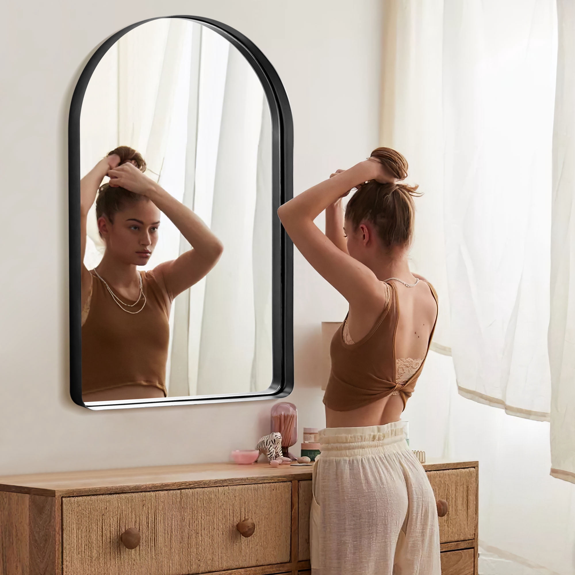 40"x29" Aluminum Alloy Wall Mount Rounded Corner Arched Mirror,Black