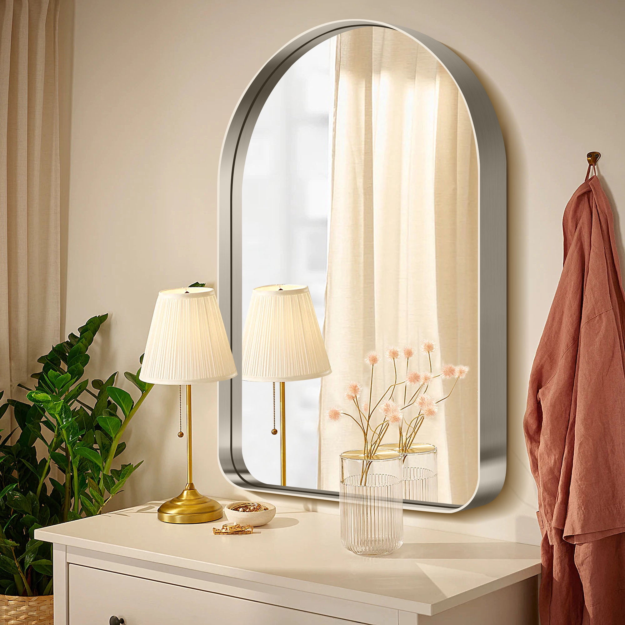40"x29" Aluminum Alloy Wall Mount Rounded Corner Arched Mirror,Silver