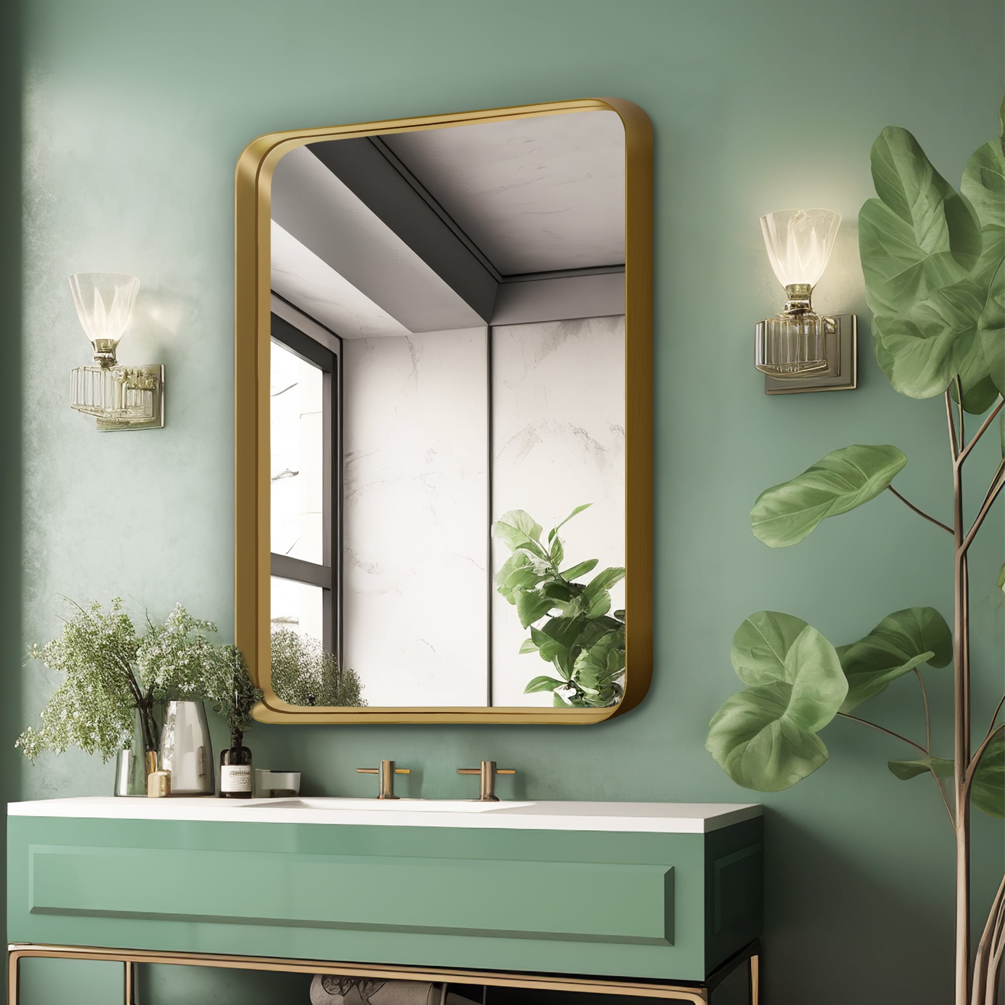 40"x29" Aluminum Alloy Wall Mount Rounded Corner Rectangular Mirror,Gold
