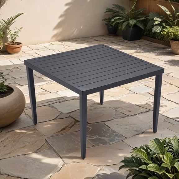 40"x40" Patio Table - Aluminum, Ember Black, Lightweight, Rust , Contemporary Minimalist Black Dining Rust-, Modern Minimalist, With Umbrella Hole