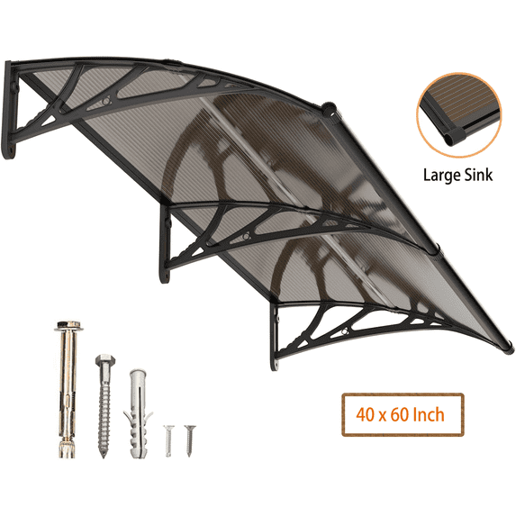 40"x60" Doorways Awnings Canopy for Patio with Separate Drainage Sink Black Bracket & Brown Board