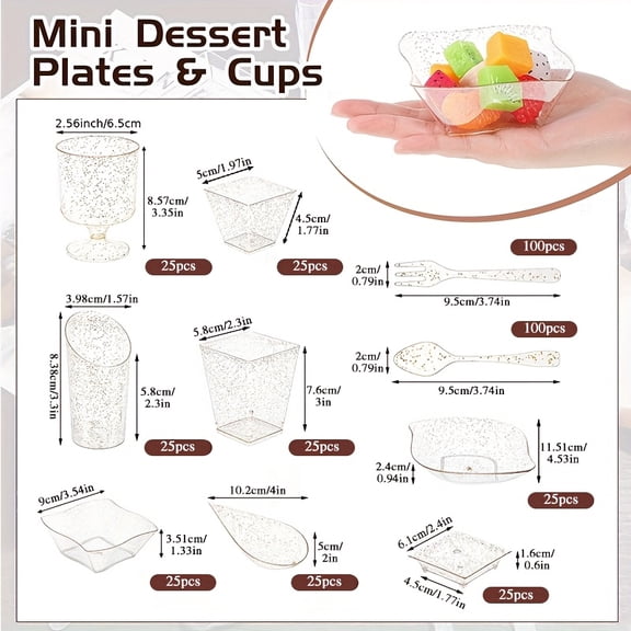 400/450Pcs Mini Clear&Black Plastic Appetizer Plates,Dessert Cups,Spoons & Forks Set - Assorted Shapes Disposable Serving Ware,Ideal for Halloween, Christmas, New Year, Valentine's Day & Party Events