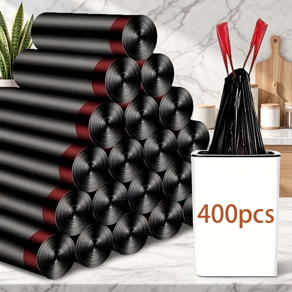 400 Count Drawstring Kitchen Bags with Handles, Pull Tie Garbage Can Liners Small Roll, Heavy Duty Trash Rubbish Bag for Home Cleaning and Waste Disposal