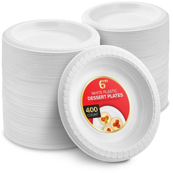 400 Count Premium White Plastic Plates, 6 Inch White Disposable Wedding Cake Plates, Heavy Duty Plastic Dessert Plates, Cocktail Appetizer Plates for Christmas Dinner Parties, Stock Your Home