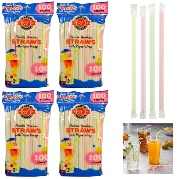 400 Ct Drinking Straws Bendable Flexible Plastic Bendy Straw Neon Color Wrapped
