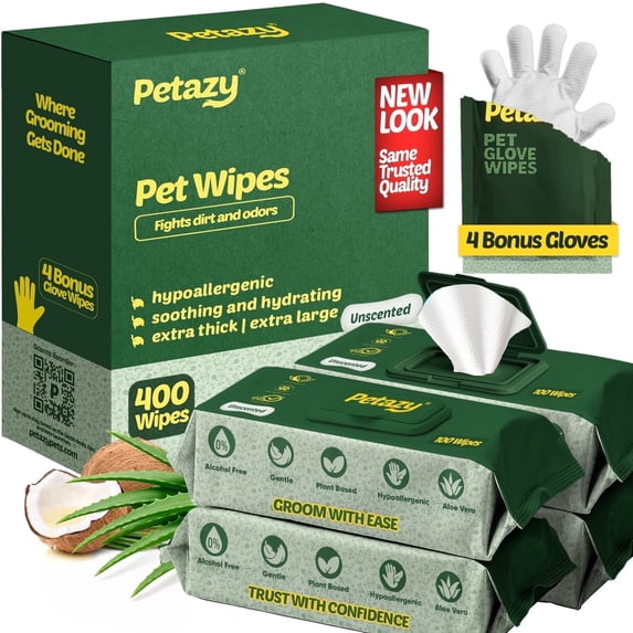 Petazy 400 Organic Dog Wipes for Paws, Butt, Ears & Eyes – Unscented Hypoallergenic Cleaning & Deodorizing Wipes for Dogs & Cats, Extra Thick 8x8 Wipes with Bonus Glove Wipes Included