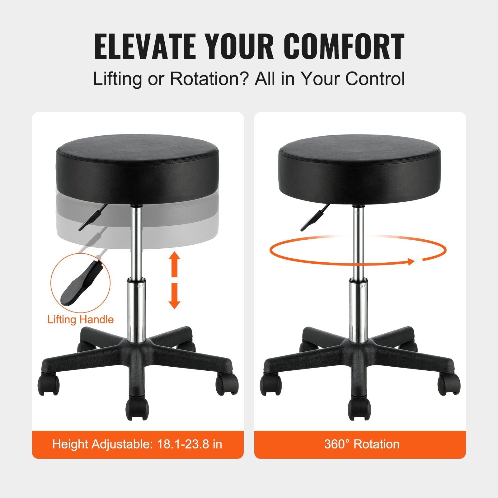 400 LBS Heavy Duty Swivel Stool with Wheels, Adjustable Height Rolling Stool, Ergonomic Seat for Salon, Tattoo, Bar, Medical, Black