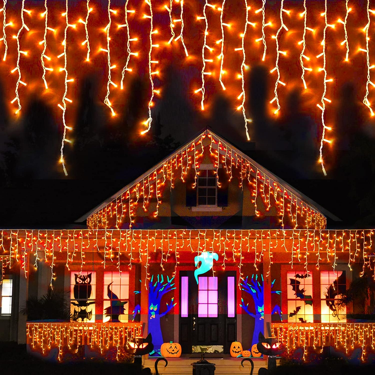400 LED Orange Halloween Icicle Lights, Waterproof Outdoor Decorations, 33ft 80 Drops