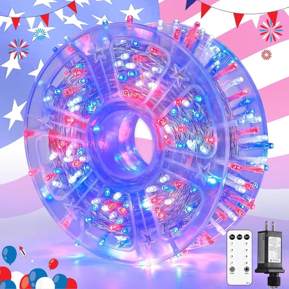 400 LED Red White and Blue Lights Outdoor, 132FT 4th of July Lights Indoor, 8 Modes Patriotic String Light for Memorial Day Independence Day Decoration