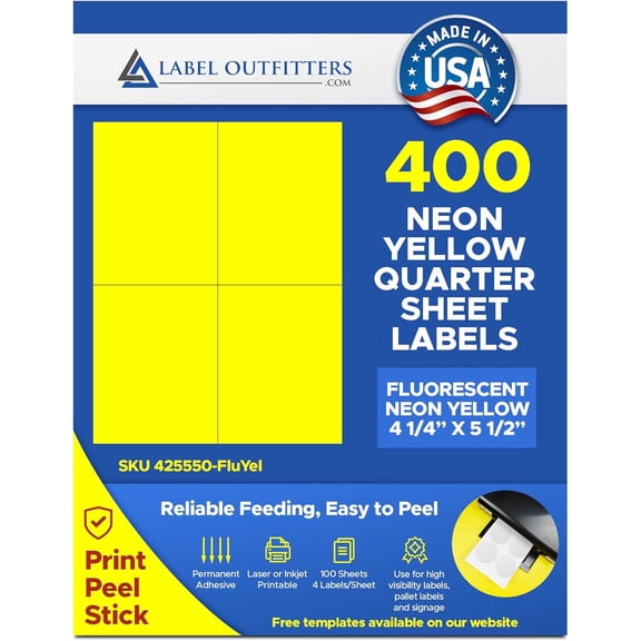 400 Label Outfitters Printable Quarter Sheet 4.25" x 5.50" Fluorescent Neon Yellow High Visibility Laser Labels 100 Sheets