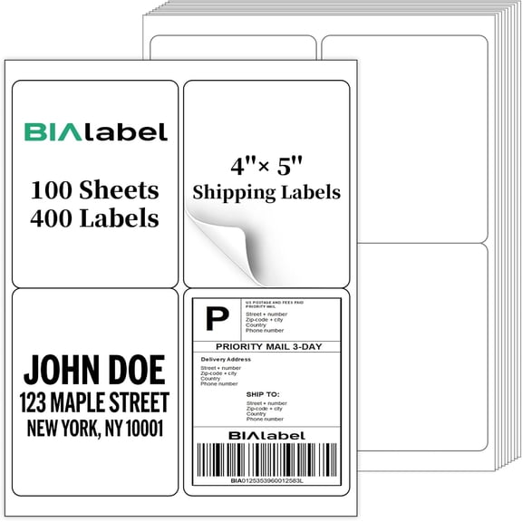 400 Labels 4-Up 4" x 5'' Shipping Address Barcode Labels for Laser & Inkjet Printers, 100 Sheets, White, Permanent Adhesive, General