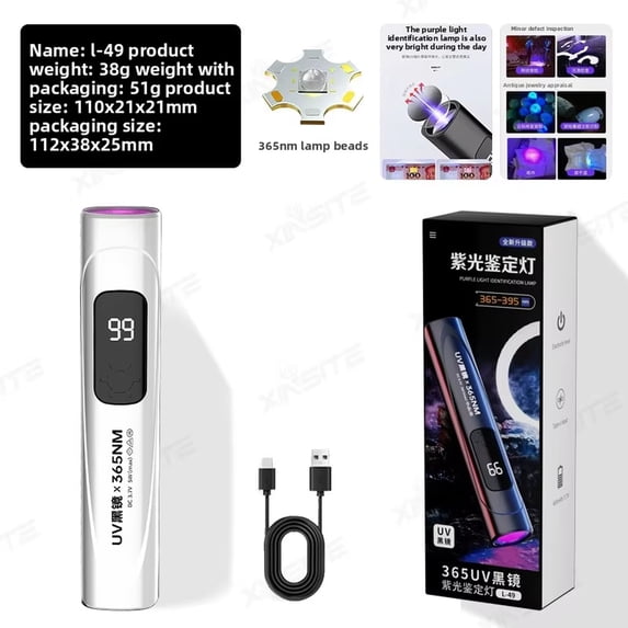 400 Lumen 365Nm Uv Flashlight, Portable Rechargeable Blacklight Torch With High Precision Detection Function, Ultraviolet Light For Cash Verification, Fluorescent Agent Detection,