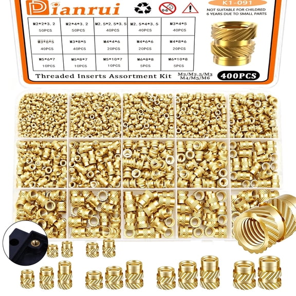 400 PCS Heat Set Inserts, M2/ M2.5/ M3/ M4/ M5/ M6 Threaded Brass Metric knurled Nuts Assortment Kit, M3 Insert for Plastic/ 3D Printer Accessories