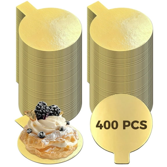 400 PCS Mini Golden Cake Boards, 2 in Round Pastry Base with Handle Tab, Greaseproof Paperboard Cake Base, Disposable Dessert Display Trays for Pastry, Cupcake, Party, Bakery