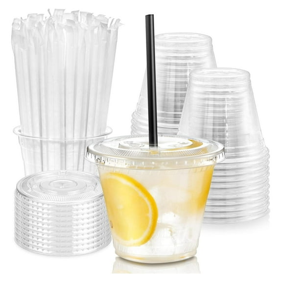400 Pack 9 oz Plastic Iced Coffee Cups with Flat Lids and Black Straws, Disposable Clear Cup, BPA Free Cup for Party, Smoothie, Cold Drinks, Juice, Milkshake, Bubble Boba, Tea