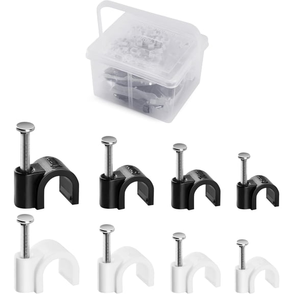 400 Pack Cable Clips with Steel Nails Kit, OD: 6mm/7mm/8mm/10mm Round U Nails (Black&White, Each 50PCS, Total 400PCS), Cable Wire Cord Management Clips, for Wall, Floor, Ceiling, Ethernet, Coax Cable